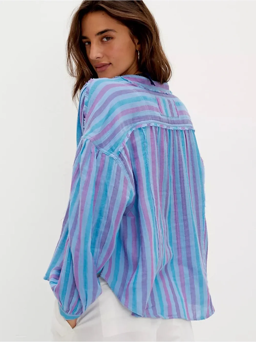 Free People We The Free Striped Valley Double Cloth Shirt in Blue Purple - Picture 2 of 7